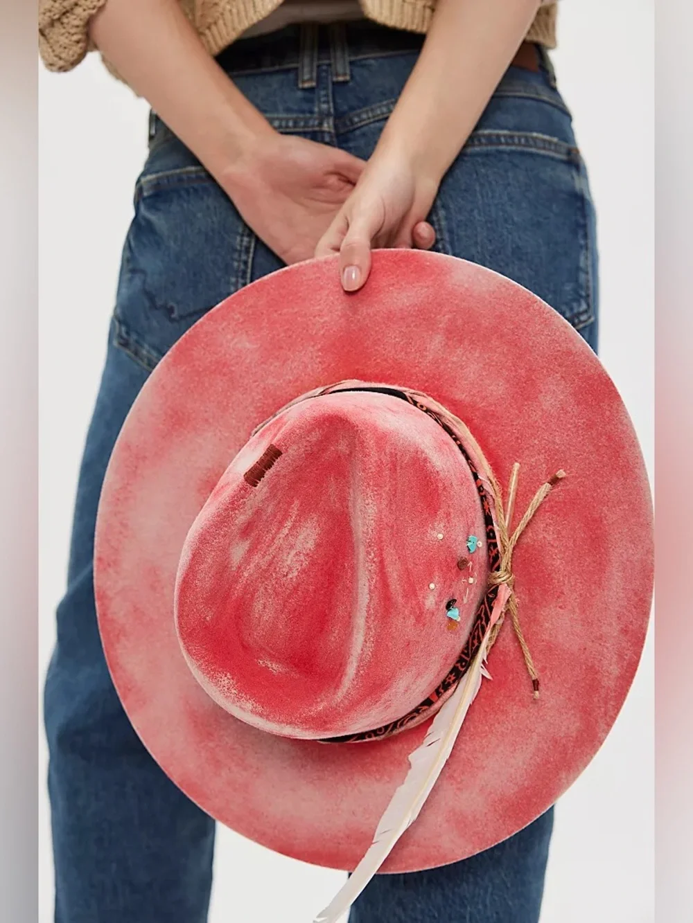 New Free People FP Pink Cami Washed Brim Embossed Jeweled Cowboy Western Hat